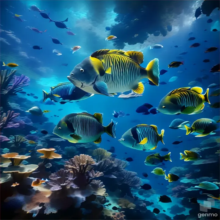 a large group of fish swimming over a coral reef