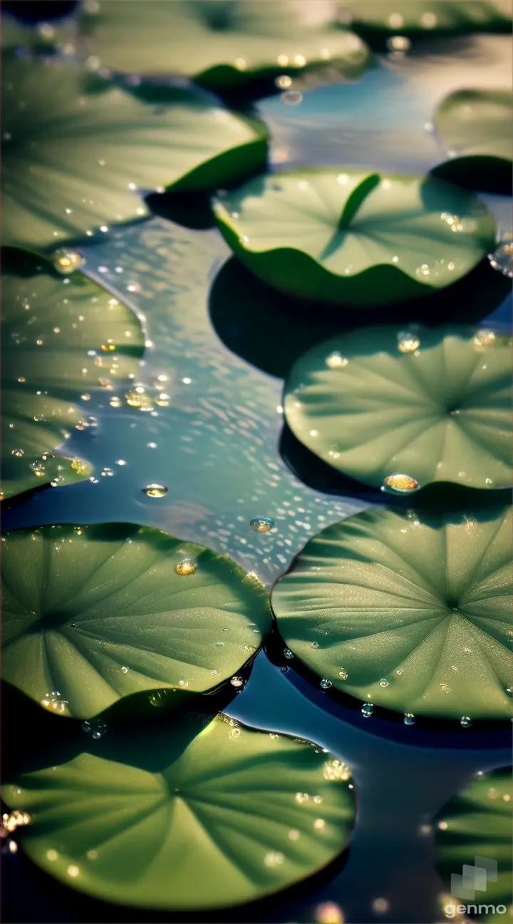 Close-up of raindrops gathering on the surface of a lily pad, creating tiny puddles.
