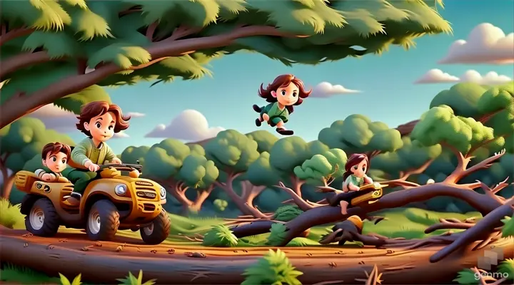 Aria and Ollie navigating through treacherous terrain, leaping over fallen logs and dodging thorny bushes.