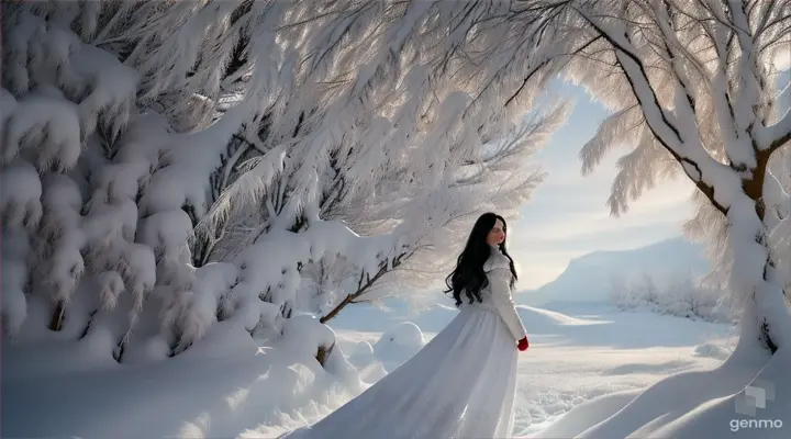 A girl with long black hair in a white dress walks across a snow-covered field, pushing aside the frozen branches of a red mountain ash.  (rear view)