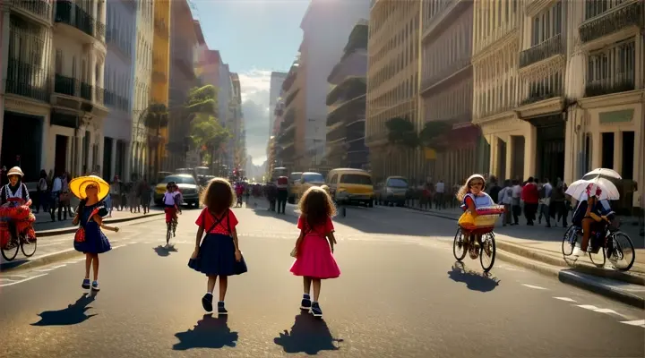 dolly in, children leaving school and crossing the street,  cars, day, Brazil, hyper realistic