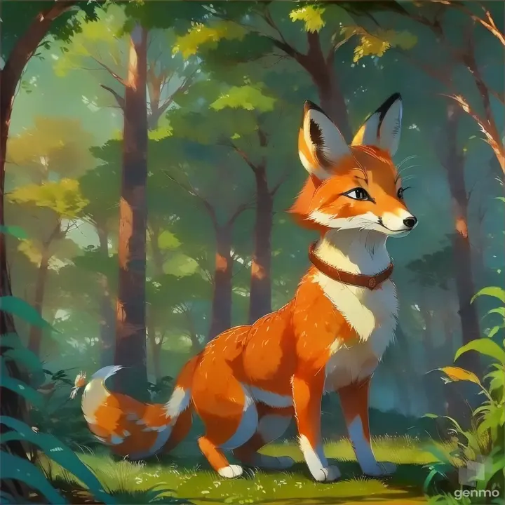 a painting of a fox in a forest