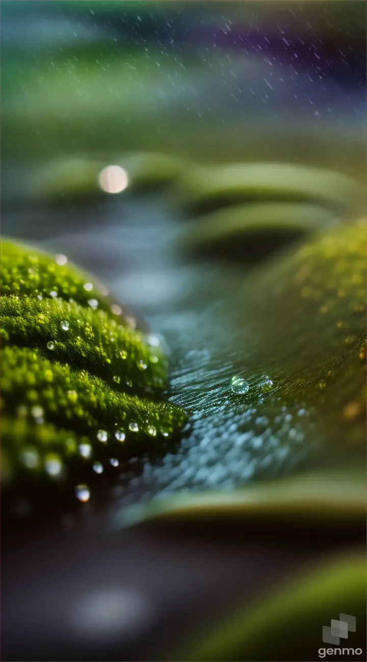 Close-up of raindrops falling onto a bed of moss, creating tiny splashes of water.
