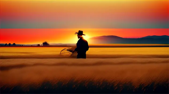 Silhouetted farmer harvesting wheat in a Japanese-inspired landscape, with crops shaped into abstract, aesthetic patterns