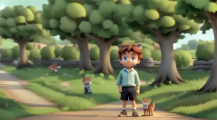 a young boy standing next to a fox on a road