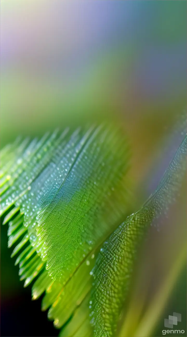 Dewdrops clinging to the delicate fronds of a fern, shimmering in the early morning light.
