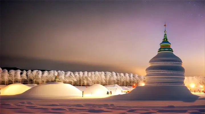 A panoramic shot of the Sapporo Snow Festival, with beautifully lit snow sculptures surrounded by a snowy winter wonderland