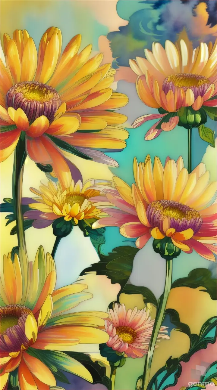Add inverted 'pop-art' detailing to the three watercolor chrysanthemum flower against a golden hour backdrop 