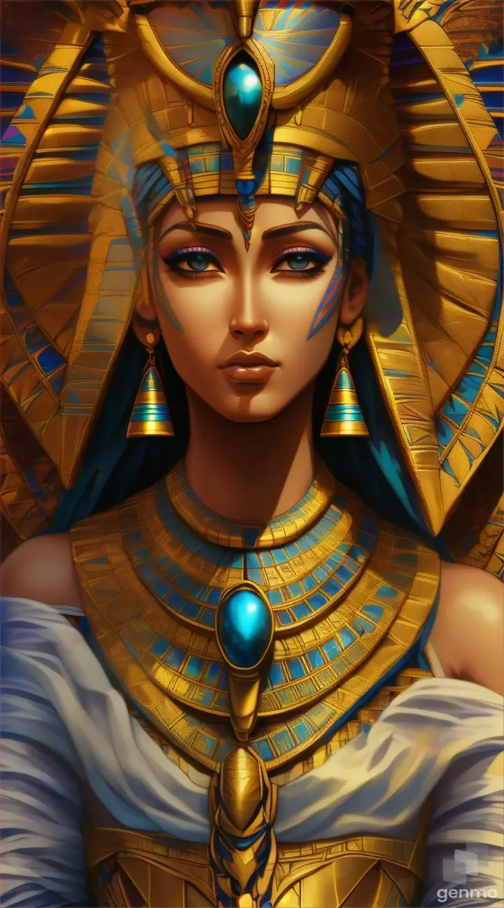 The beautiful goddess of Egypt, Isis, should be depicted as a strong figure. Her eyes should have colorful features and a feminine appearance. Symbols reflecting Egyptian culture, such as pyramids, the Sphinx, and the Ankh symbol, should be included.