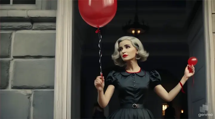 a woman in a black dress holding a red balloon