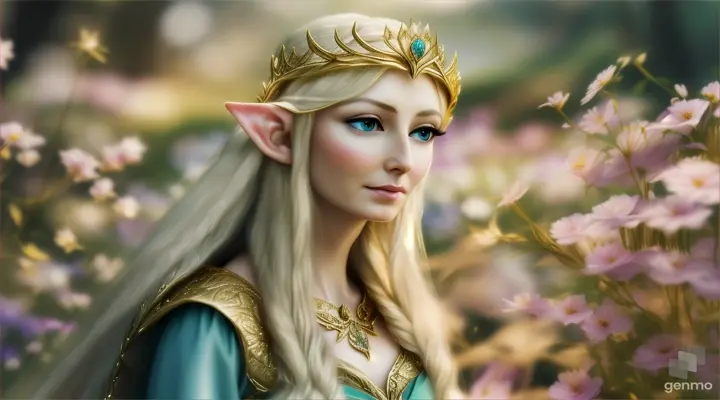 The image depicts a character with their face blurred,  Elf -queen Galadriel  surrounded by a serene and mystical environment. The character has long, flowing pink hair adorned with flowers and wears intricate golden jewelry. horizontal image