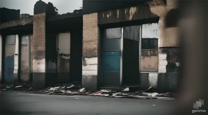 A dilapidated London housing estate plastered in graffiti, broken windows, litter,