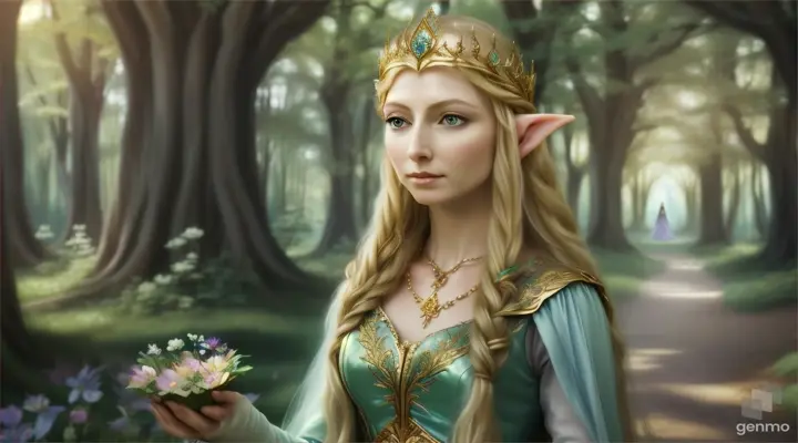 The image depicts a character with their face blurred,  Elf -queen Galadriel  surrounded by a serene and mystical environment. The character has long, flowing  adorned with flowers and wears intricate golden jewelry. horizontal image