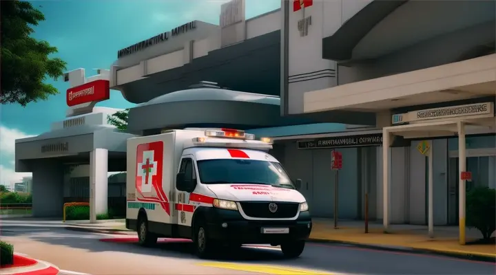 
dolly in, hospital entrance, ambulance,, Brazil, realistic