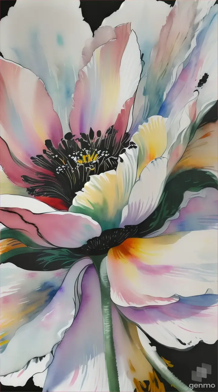 Invert background and pop-art style detailing on watercolor poppy flower