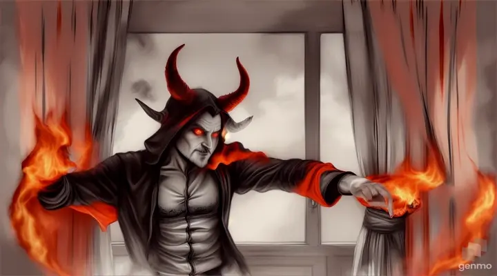 The devil makes a gesture with his hand inviting entry while removing a curtain that overlooks a hell full of devils dancing where there is smoke and fire with an effect sketch painting is best made with charcoal