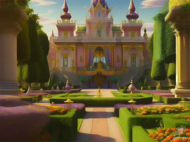 A whimsical royal palace surrounded by fanciful, colorful gardens with unique topiaries