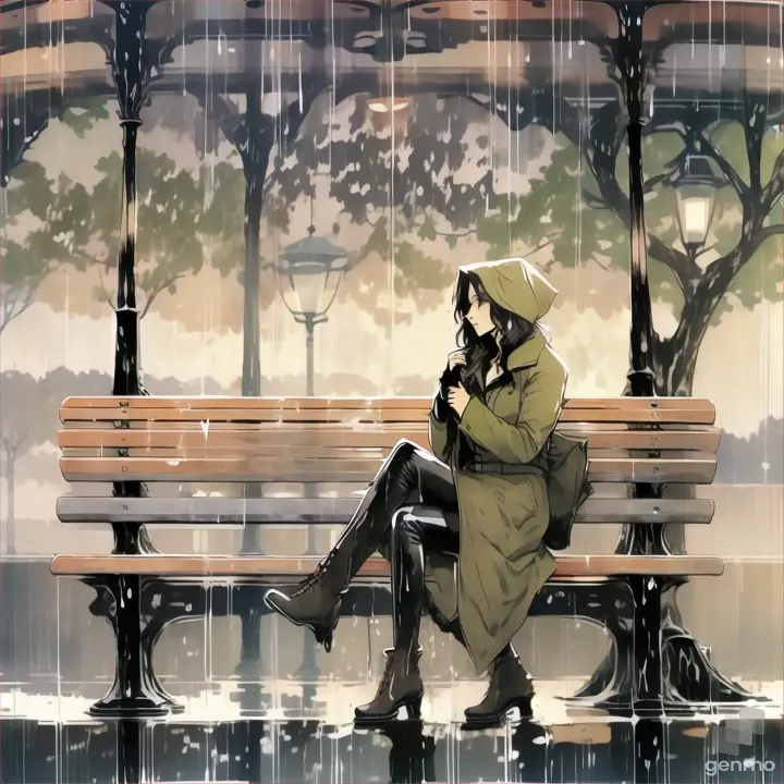 a woman sitting on a bench in the rain