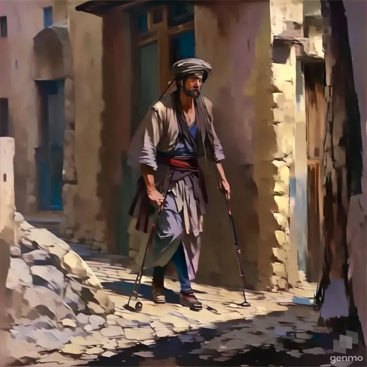 a painting of a crippled man with crutches leaping slowly down a street assisted by 2 men on his right hand and left hand