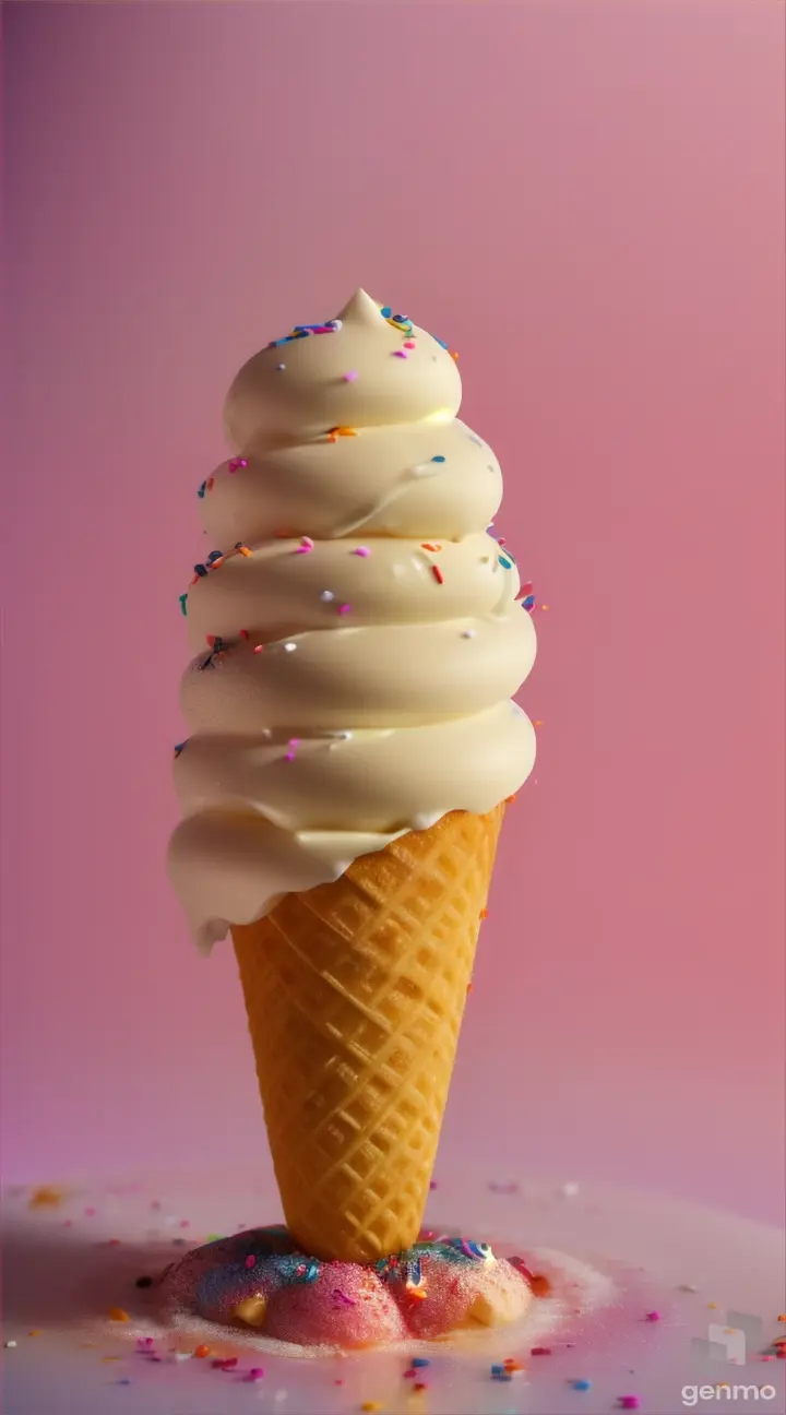 Close-up shot of a melting ice cream cone with sprinkles, emphasizing the texture and appearance of the dessert to evoke cravings and desires for a sweet treat.