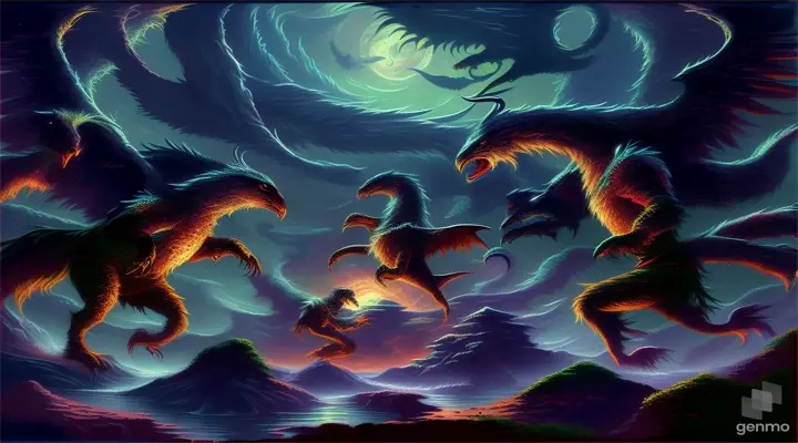 a painting of a group of mythical creatures