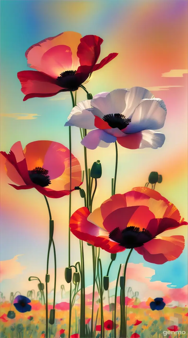 Add inverted 'pop-art' detailing to the three watercolor poppy against a golden hour backdrop