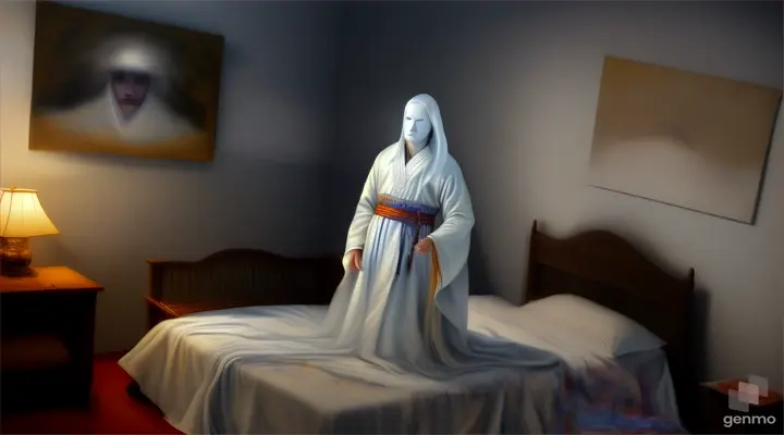 Cheonyeo Gwishin ghost, the shadow of a young woman standing at the end of the bed, her face pale and her eyes wide.a with video of 16:9