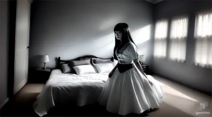 Cheonyeo Gwishin ghost, the shadow of a young woman standing at the end of the bed, her face pale and her eyes wide.a with video of 16:9