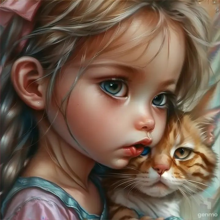 a painting of a little girl holding a cat