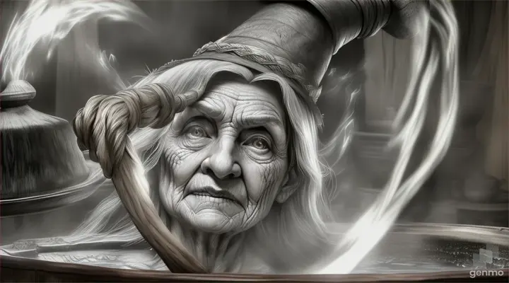 “sketch painting is best made with charcoaa a witch, moving a wooden shovel to stir a potion into a huge pot with fire underneath the witch is old and with a broom at her side inside a gloomy room where the light reaches her from the dim fire 360 degrees of rotation in camera an ugly witch