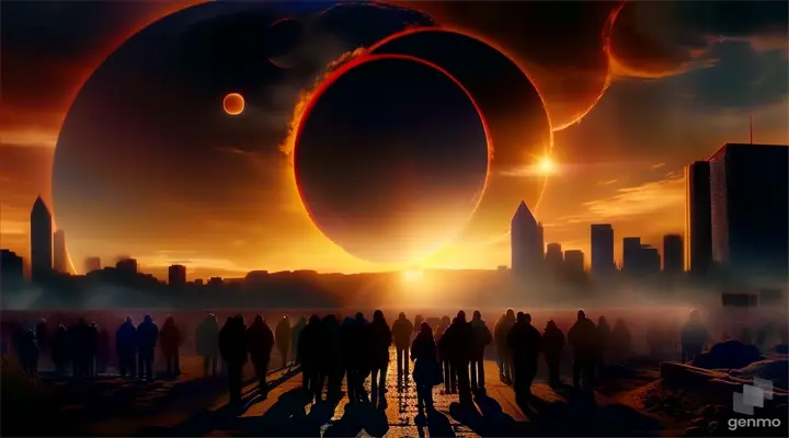 a group of people standing in front of a eclipse