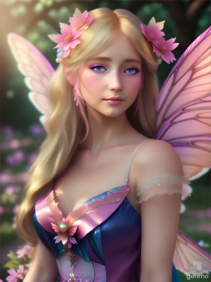 a beautiful blonde fairy in a pink and blue outfit in enchanted garden