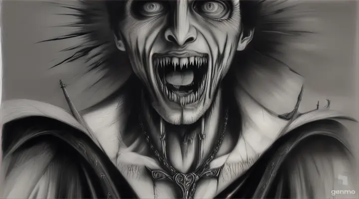“sketch painting is best made with charcoa a crucified vampire looking from the front cross with a face of evil and disdain, a trickle of blood sticking out of his fangs, he has a perverse look 360 degrees of rotation in camera
