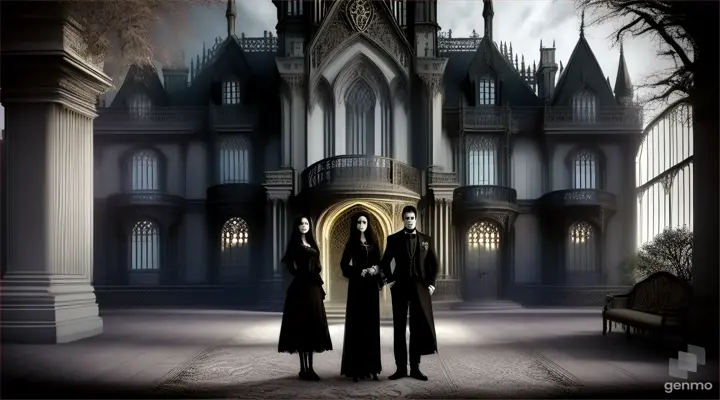 A couple standing in front of a grand, eerie mansion