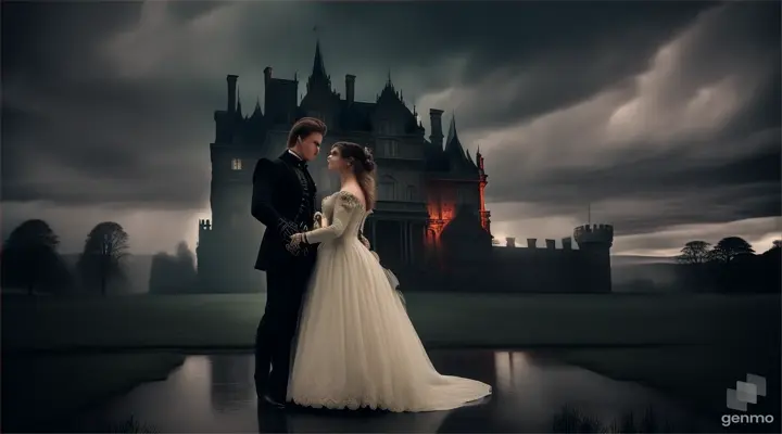 A couple standing in front of a grand, eerie mansion