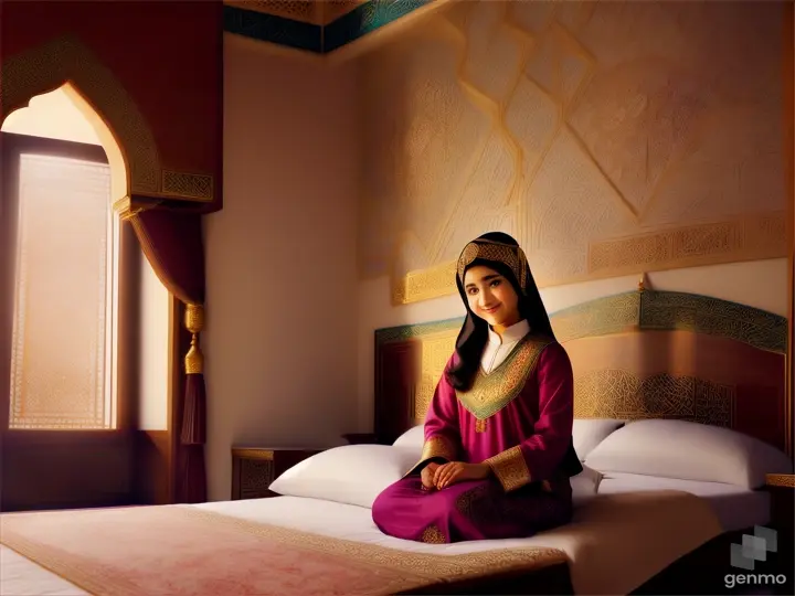 In a beautiful ancient room, a young arabic Muslim girl was sitting on a luxurious bed and smiling
