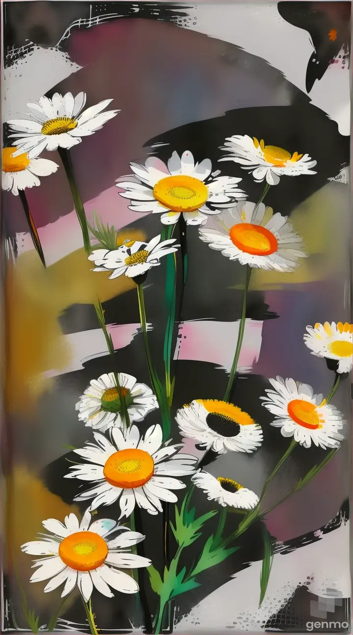 Pop-art style watercolor chamomile with bold black outlines. on a white background.
