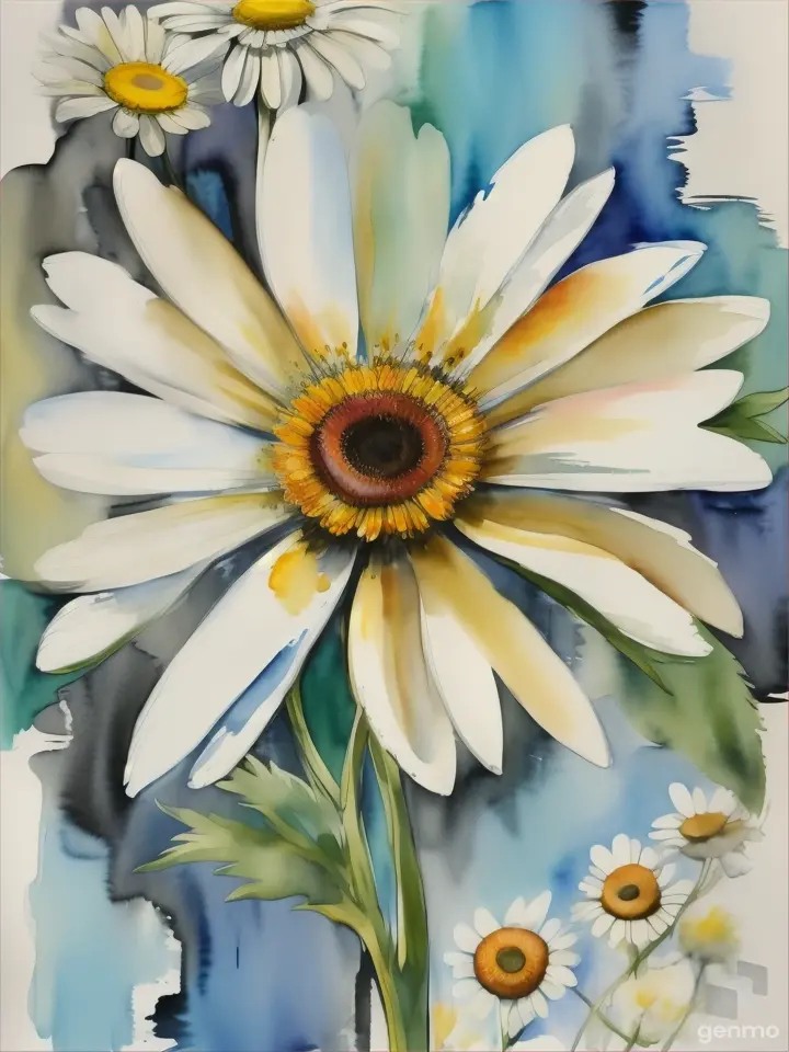 Picasso style watercolor chamomile with bold black outlines. on a white background.
