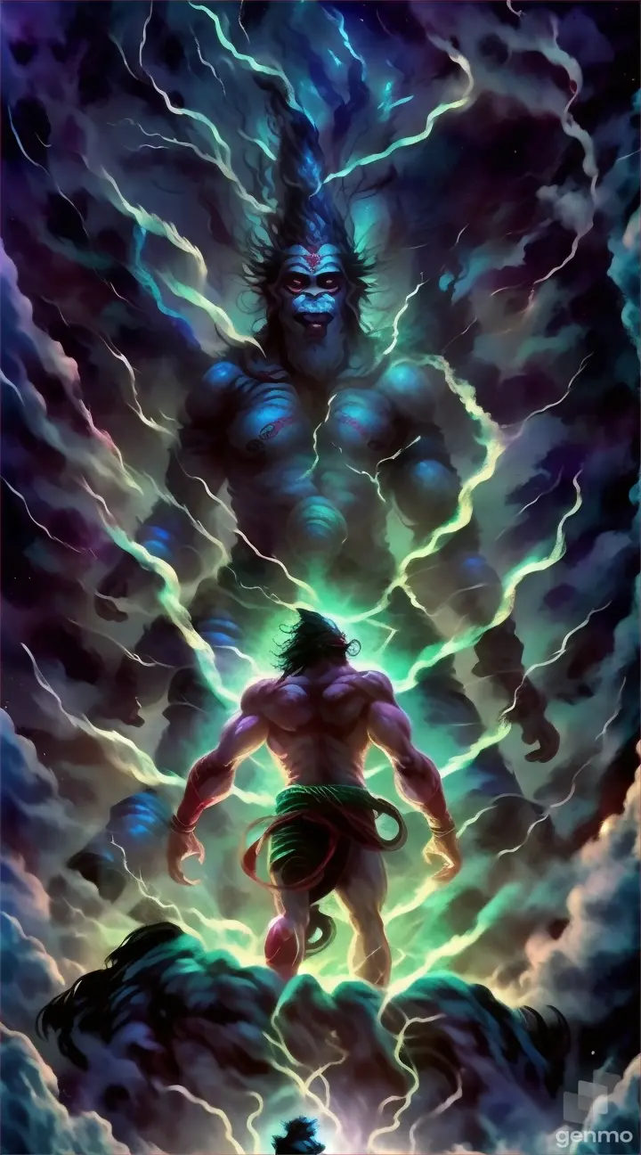a Hanuman god with his tail standing in front of a giant demon