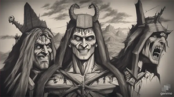“sketch painting is best made with charcoa the devil crucified in the full-length crucifixion the werewolf, Dracula, Frankenstein's creature and the mummy looking at him with his back to the camera from the front the devil smiles with a mischievous face all surrounded by crosses on a mountain front view 360 degreesa Full body crucifixion 