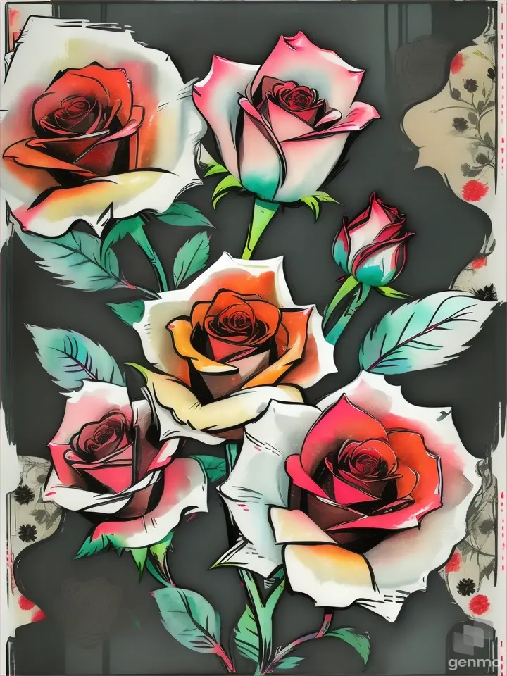 Add inverted 'pop-art' detailing to the three watercolor roses with bold black outlines on a white background.