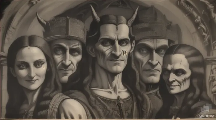 “sketch painting is best made with charcoa the devil crucified in the full-length crucifixion the werewolf, Dracula, Frankenstein's creature and the mummy looking at him with his back to the camera from the front the devil smiles with a mischievous face all surrounded by crosses on a mountain fron Full body crucifixion”