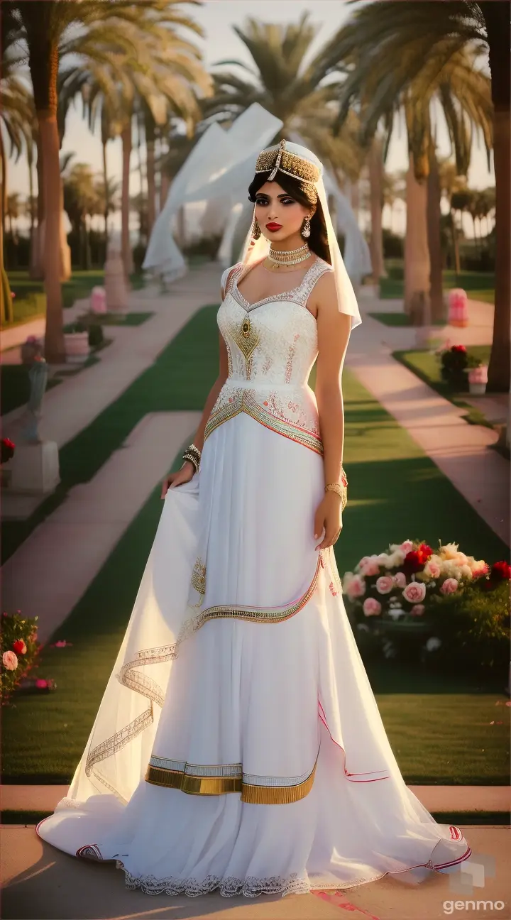 A contemporary Egyptian bride, wearing a modest High col white closed chest dress, with a long veil that moves in the wind, on the banks of the Nile River, surrounded by roses on both sides,   palm trees appearing in the background, full hd vertical.
