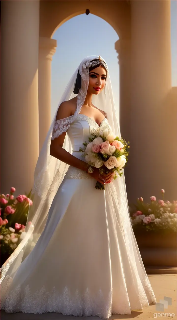 A contemporary Egyptian bride, wearing a modest col white closed chest dress, with a long veil that moves in the wind, standing by a flower arch, smells roses on the banks of the Nile River, surrounded by roses on both sides, palm trees appearing in the background, full hd vertical.