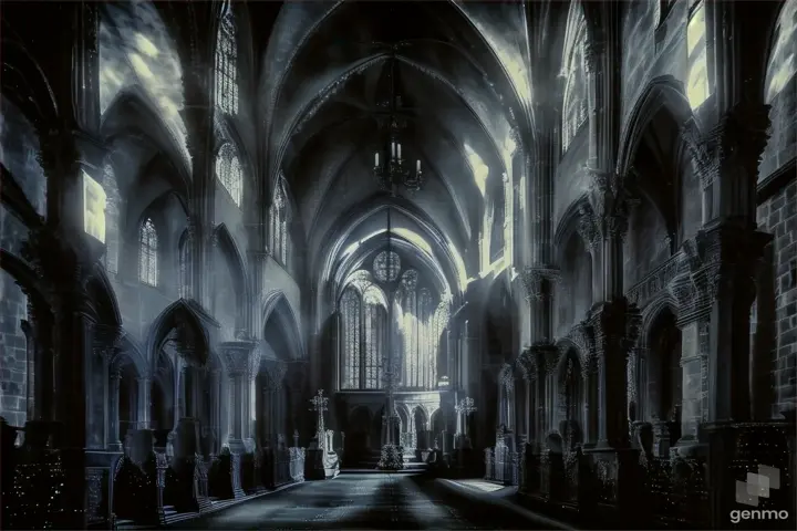 A stark, monochromatic black and white photo of a long hallway in a gothic cathedral, illuminated only by the moonlight