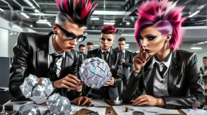 hyper realistic two women in punk rock outfits examining a hologram of a strategy hyper-sphere in an business consultant office
