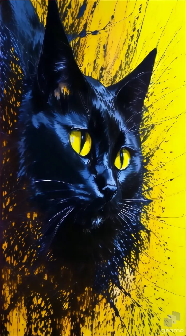 a painting of a black cat with yellow eyes