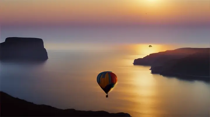 A hot air balloon in the distance, with the silhouette of a person on the cliff, overlooking the ocean at sunset