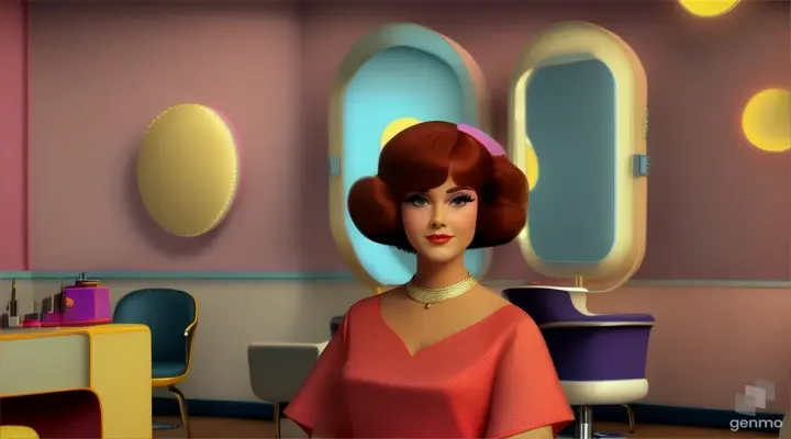 haircut 1970s, woman standing in hairdressing salon, dress 1970s style, 3d animation, pixar style, 1970s setting