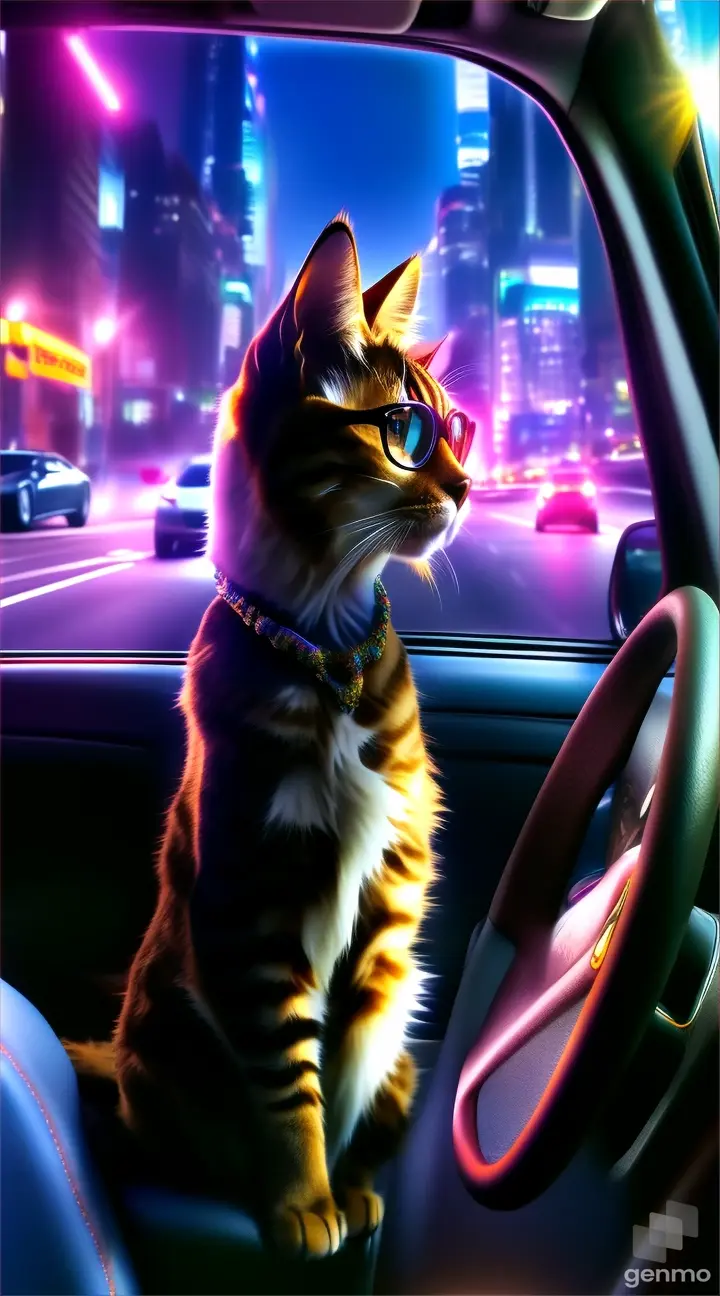 a cat wearing glasses sitting in the drivers seat of a car